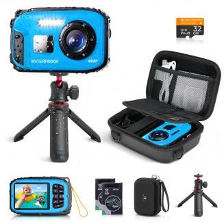 Fotocamera Digitale Impermeabile per Bambini 5m Sott'acqua 48MP, per Snorkeling Nuoto, Include Custodia EVA & Treppiede Kentfaith