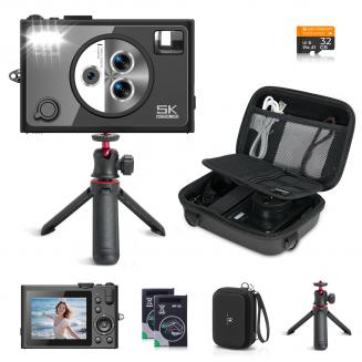 5K 75MP Fotocamera Digitale Compatta, 3 Lenti Zoom 12X Autofocus per Vlogging YouTube, Treppiede Compatto, Borsa per Fotocamera, Scheda 32GB 2 Batterie, Kentfaith