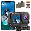 4K60FPS 48MP 66FT Action Camera Impermeabile Senza Custodia, Doppio Schermo, Scheda da 64GB, EIS, Telecomando WiFi, Kentfaith