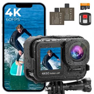 Action camera 4K60FPS 48MP 66FT impermeabile senza custodia, doppio schermo, scheda da 64GB, EIS, telecomando WiFi, Kentfaith