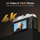 4K цифровая камера для фотографии, 12-кратный оптический зум, 75 МП, 180° поворотный экран, WiFi видеокамера для блогинга, YouTube, Kentfaith