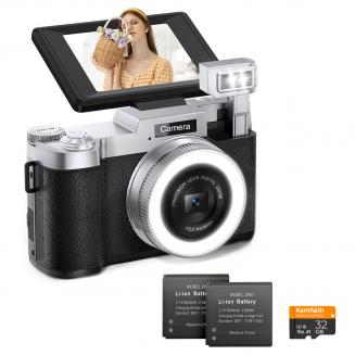 4K 64MP digitalt kamera for fotografering, blits + linsefyllingslys, autofokus, webkamera, 180° vippeskjerm, for vlogging, Youtube, reising, Kentfaith