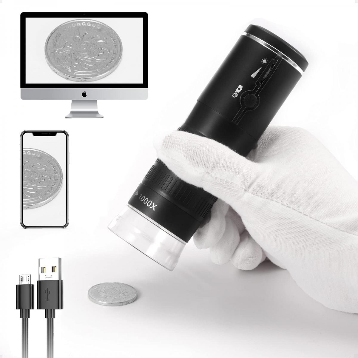 Funnyrunstore Portable USB microscope numérique 0-1000x Grossissement 8 LED mini microscope,Noir 