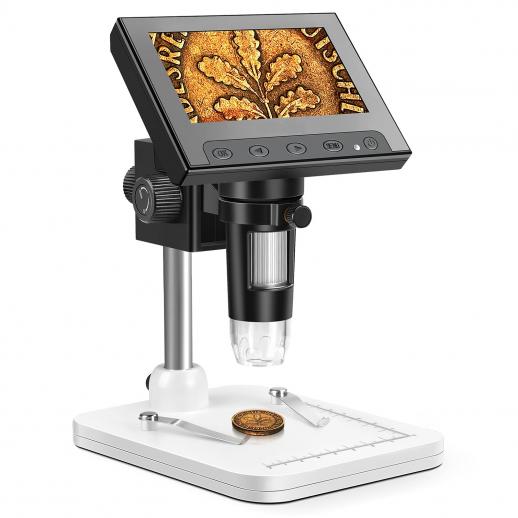 Microscópio digital de 4,3 polegadas, microscópio de moedas, ampliação de 50X-1000X, com 8 luzes LED ajustáveis, adequado para adultos e crianças ao ar livre e uso doméstico