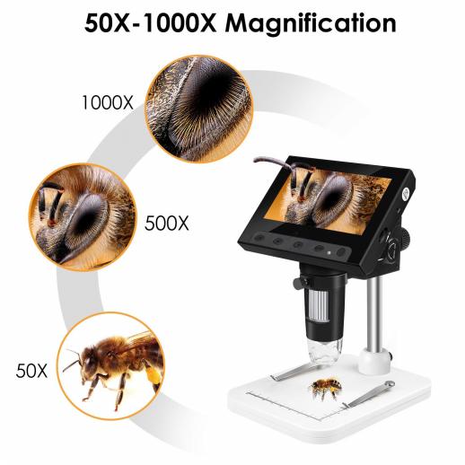 Microscopio digitale LCD da 4,3, ingrandimento 50X-1000X, microscopio USB  per adulti e bambini con 8 LED regolabili, compatibile con Windows/Mac iOS