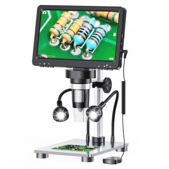 DM9 7" LCD Microscopio Digital 1200X, Microscopio de Monedas 1080P con Sensor de Cámara 12MP, Control Remoto con Cable, 10 Luces LED, Microscopio Electrónico de Soldadura