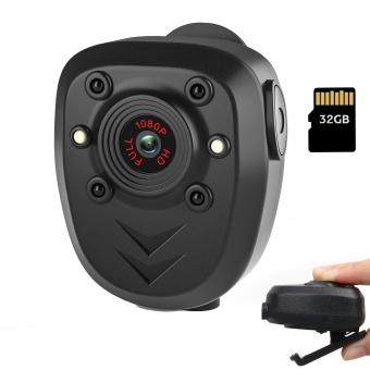 Caméra portable, carte mémoire intégrée de 32 Go, caméra de sécurité portable 1080p, caméra de tableau de bord infrarouge à clipser avec vision nocturne