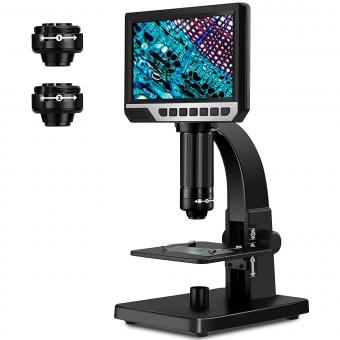 Microscopio Digital LCD, Pantalla IPS de 7", 1080P, Microscopio Biológico con Aumento de 50x-2000x, con Lentes Duales, 11 Luces LED Ajustables, 12MP