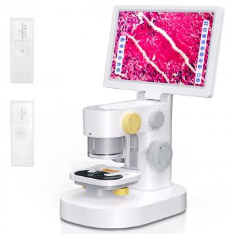 Biologisches Mikroskop mit 9-Zoll-IPS-Bildschirm - Dreifachobjektiv 100X, 600X, 1200X Digitalmikroskop für Erwachsene mit Touch-Steuerung, 24 MP Auflösung, Windows/Mac OS-kompatibel