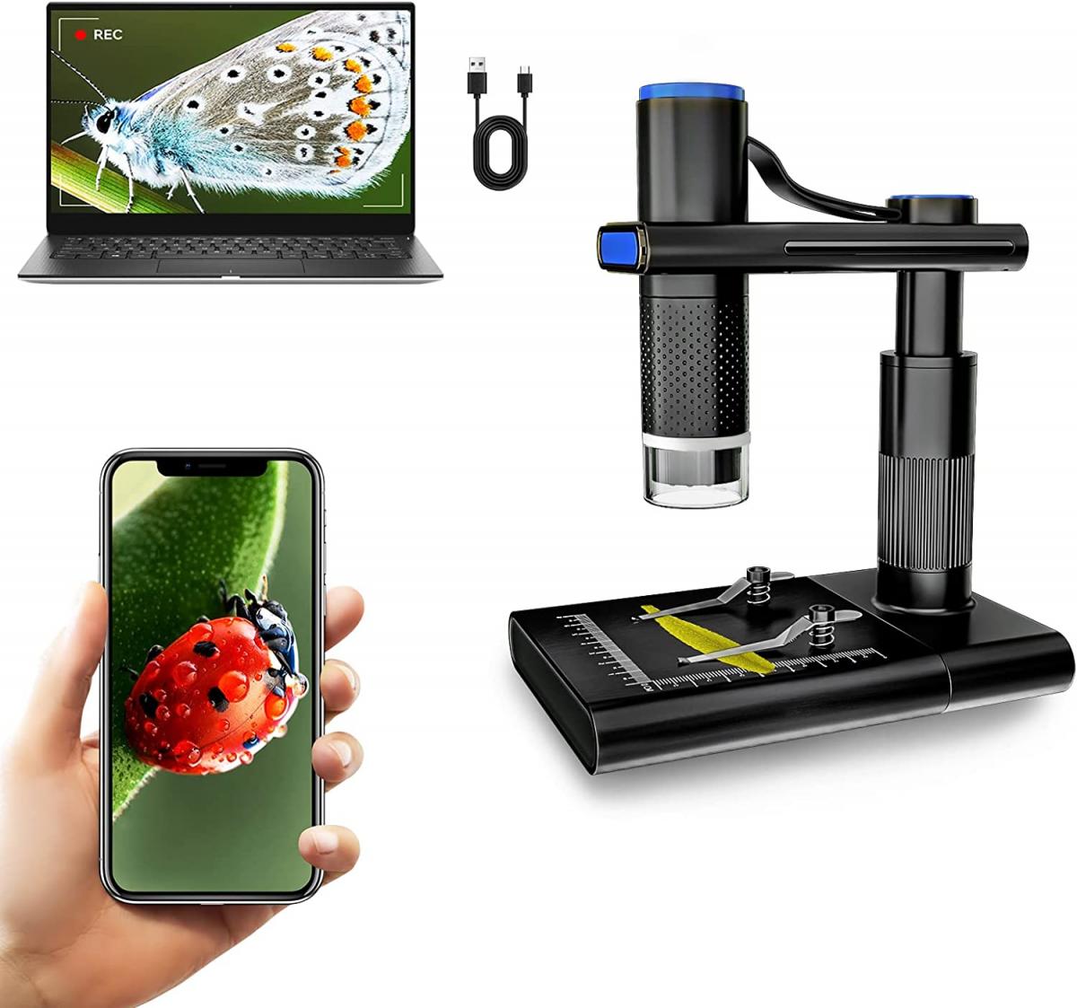Microscope numérique 5 pouces avec télécommande, grossissement 1000x,  support en métal, microscope USB FHD 1080 avec Wifi, compatible avec  Windows