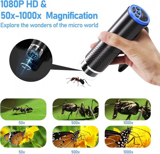 Microscope numérique sans fil, mini microscope portable USB avec  grossissement de 50x à 1000x, 8 lumières LED WiFi avec Android, iPhone,  iPad