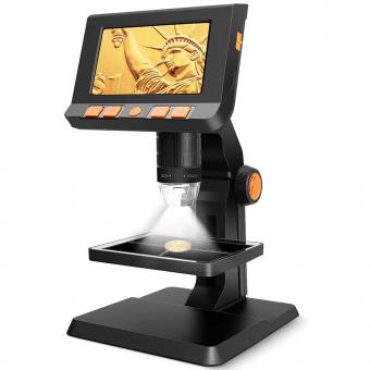 P110 Digital Coin Microscope, 4.3 inch screen, 1080P high resolution and 2 megapixels, 50X-1000X magnification with 8 adjustable LED lights, liftable table for adult, child portable microscope