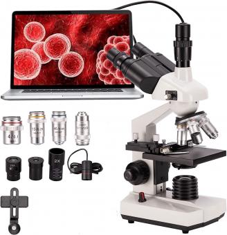 Composite three eye optical microscope, 40X-5000X magnification, with electronic eyepiece and mechanical stage, WF10x and WF25x eyepieces, Abbe condenser