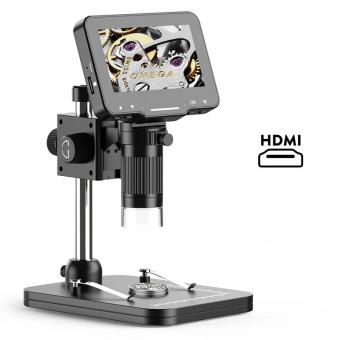 Digitalmikroskop HDMI 4,3 Zoll, Vergrößerung 10-1000X, Handkamera-Videomikroskop, mit 8-LED-Lichtern, wiederaufladbares Batteriemikroskop, passend für Münzen/PCB-Schweißen/Pflanzen/Insekten