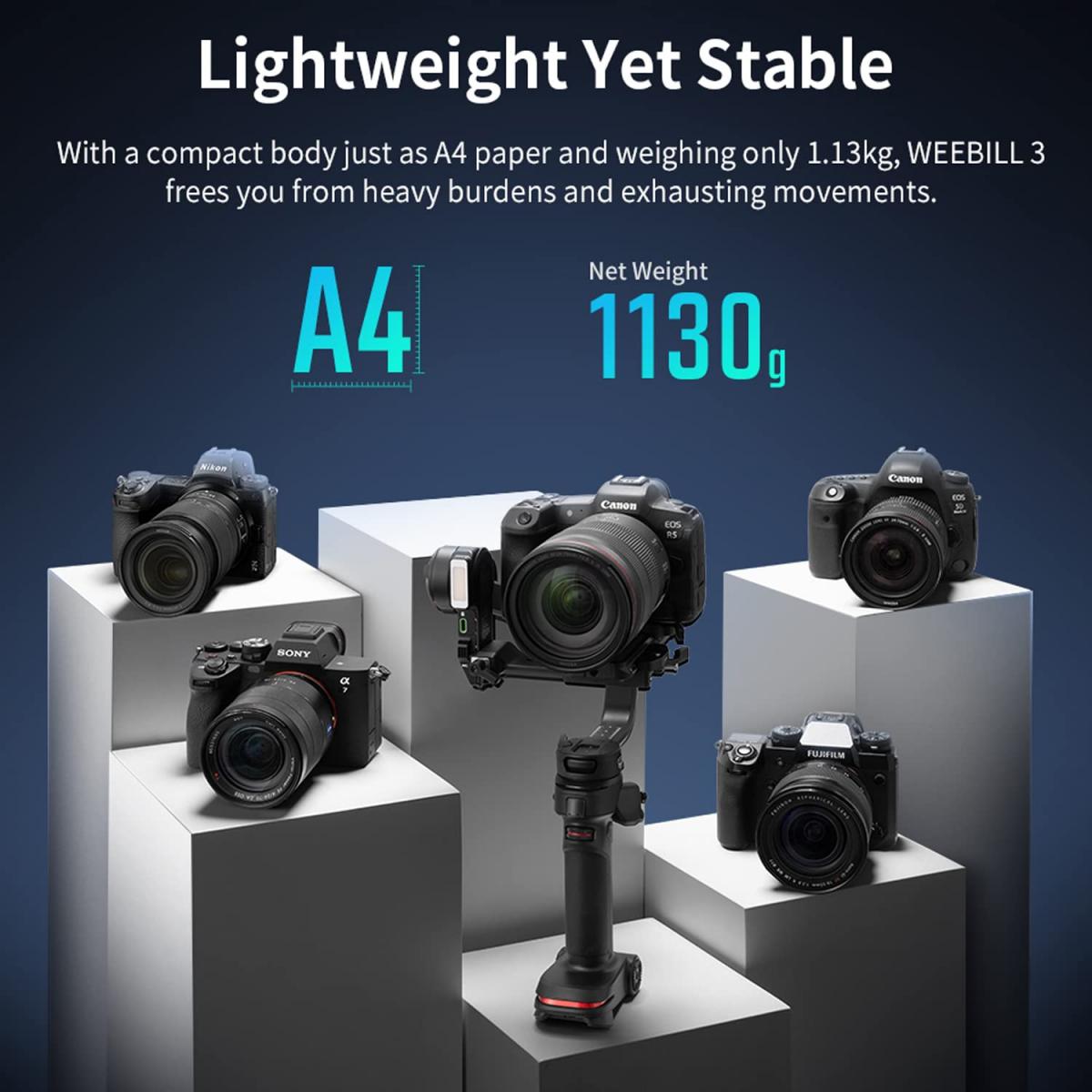 ZHIYUN Weebill 3, stabilizzatore cardanico a 3 assi per fotocamere DSLR e mirrorless, Nikon Sony Panasonic Canon Fuji BMPCC 6K, luce di riempimento e integrazione microfono, schermo OLED con poggiapolsi
