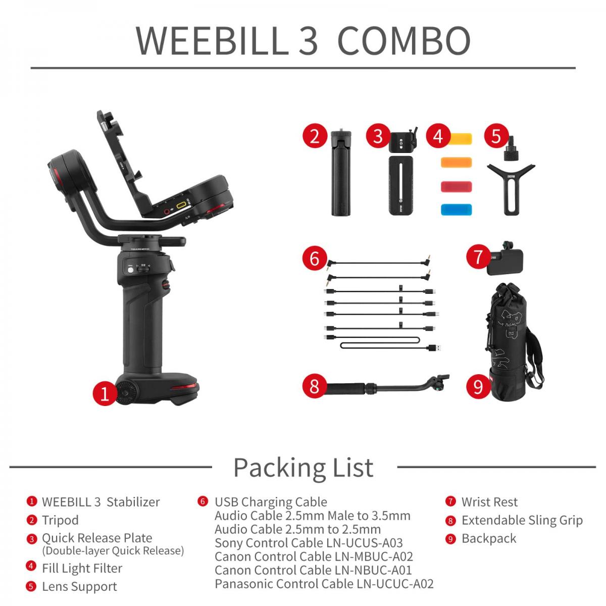Zhiyun Weebill 3 Combo Stabilizzatore cardanico palmare a tre assi per fotocamera DSLR Fotocamera mirrorless compatibile con Sony Nikon Canon Panasonic LUMIX, poggiapolsi TransMount con impugnatura retrattile