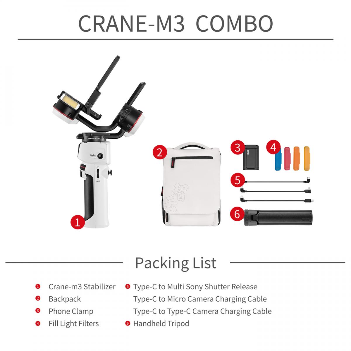Zhiyun Crane M3 Combo Stabilizzatore cardanico palmare a tre assi, compatibile con Sony A6600, A6100, RX100, Fuji X-T10, X-T3, Canon M50, M5, M6, G7 X II, per Gopro Hero10/9/8 5/6 / 7, iPhone 13 12 XS-Pro Max