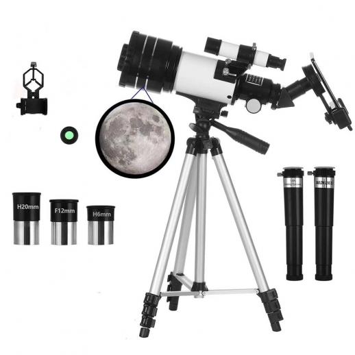 Telescopio refractor astronómico de 70 mm de apertura (15X-150X) para adultos y niños, principiantes en astronomía, telescopio portátil de 300 mm con soporte para teléfono móvil y trípode ajustable