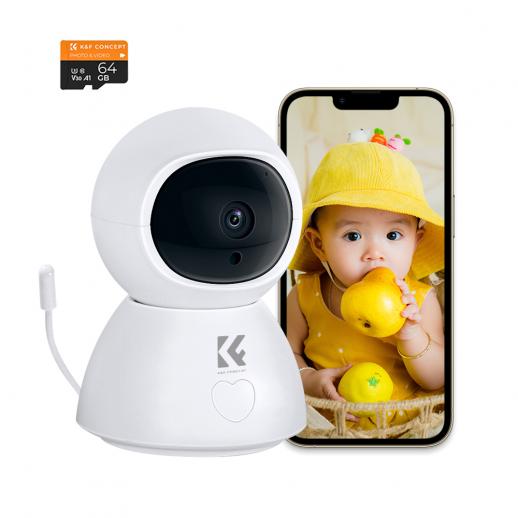 Moniteur bébé WiFi HD 1080P avec détection de son et de mouvement, caméra de sécurité intérieure avec suivi de mouvement, surveillance de la température et berceuse, avec une carte mémoire 64G