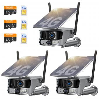 4G Security Camera with 4K Clarity, 180° Panoramic View with Dual Lens, Solar Powered, 360° Live View, Color Night Vision, 3 Packs,  Kentfaith