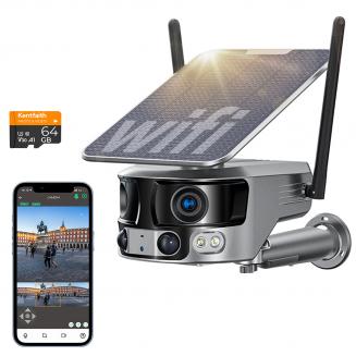 WiFi Telecamera di Sicurezza con Nitidezza 4K, Vista Panoramica 180° con Doppia Lente, Alimentazione Solare, Vista Live 360°, Visione Notturna a Colori Kentfaith