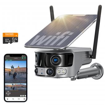 WiFi-sikkerhetskamera med 4K-klarhet, 180° panoramautsikt med dobbelt linse, solcelledrevet, 360° livevisning, farge nattsyn Kentfaith WiFi-sikkerhetskamera med 4K-klarhet, 180° panoramautsikt med dobbelt linse, solcelledrevet, 360° livevisning, farge nattsyn Kentfaith