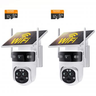 WiFi 3 Linse Sol Sikkerhetskamera Trådløs Utendørs, 6MP Full HD Video, 360° Utsikt Pan/Tilt Hjemmesikkerhetskamera med Farge Nattsyn, Enkel å Installere, PIR Alarm, 2 stk, Kentfaith