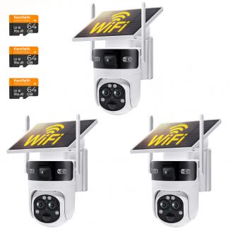 WiFi 3 Linse Sol Sikkerhetskamera Trådløs Utendørs, 6MP Full HD Video, 360° Utsikt Pan/Tilt Hjemmesikkerhetskamera med Farge Nattsyn, Enkel å Installere, PIR Alarm, 3 stk, Kentfaith