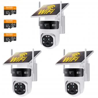 WiFi 3 Linse Sol Sikkerhetskamera Trådløs Utendørs, 6MP Full HD Video, 360° Utsikt Pan/Tilt Hjemmesikkerhetskamera med Farge Nattsyn, Enkel å Installere, PIR Alarm, 3 stk, Kentfaith