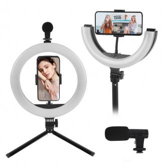 PLM-01 Vlogkit voor YouTube, met opvouwbaar ringvullicht, microfoon en licht statief voor mobiele telefoonhouder, compatibel met iPhone/smartphone/camera