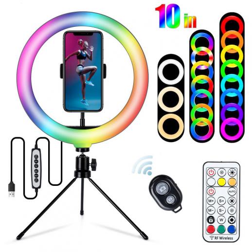 10" Ring Light with Desk Tripod, 33 RGB Mode Desk LED Ring Light with 3 Light Effects and 10 Adjustable Brightness Ring Light with Remote Control for Live YouTube Tiktok Makeup