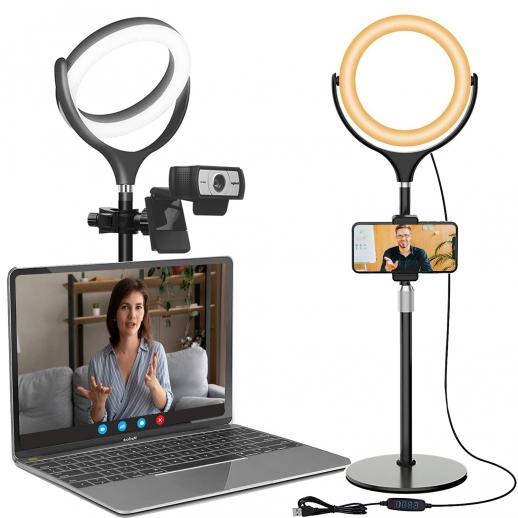 Ring Light Laptop Video Conference Light, LED Ring Light with Tripod and Phone Holder for Phone and Webcam, 8