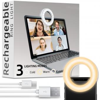 Handy-Selfie-Ringlicht, 40 LED-Lampenperlen, 3 Helligkeiten, USB-wiederaufladbares Selfie-Ringlicht, geeignet für alle Telefone/Tablets/Laptops, weiß