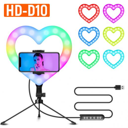 Luz de relleno de corazón RGB de 10 "con trípode de mesa con 3 efectos de iluminación, modo de atenuación continua 0-100% para maquillaje Tiktok de YouTube en vivo