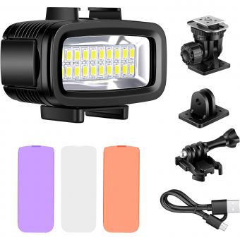 Luz de video LED recargable de alta potencia subacuática con soporte para cámara de acción y soporte para zapata fría, GoPro, compatible con DSLR