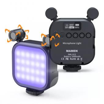 Luz de video RGB portátil, luz de cámara LED 2 en 1 con micrófonos estéreo duales, luz de fotografía a todo color de 360°, recargable de 2000 mAh, CRI 95+, 2500-9000 K, luz de relleno de panel regulable