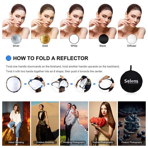 Reflector de fotografía con clip de 24 pulgadas, 5 en 1, difusor plegable  de luz fotográfica con bolsa y soporte reflector para estudio de  fotografía