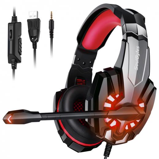 SoulBytes S9 Stereo Gaming Headset for PS4 PC Xbox One PS5 Controller, Noise Cancelling Over-Ear Headphones with Mic, LED Lights, Bass Surround, Soft Memory Earmuffs for Laptop Mac Nintendo NES Gaming Red