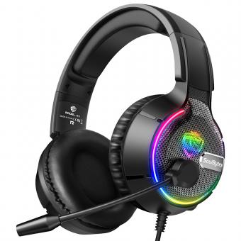 Auriculares para juegos SoulBytes S19 RGB con cable y micrófono envolvente sobre la oreja para PS4/PS5/PC/Xbox One negro