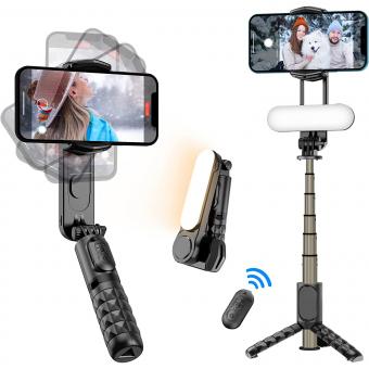 Estabilizador de cardán para teléfono inteligente con luz de relleno desmontable, palo selfie inalámbrico retráctil y trípode, control remoto desmontable multifuncional, rotación automática de 360°, compatible con iPhone Android
