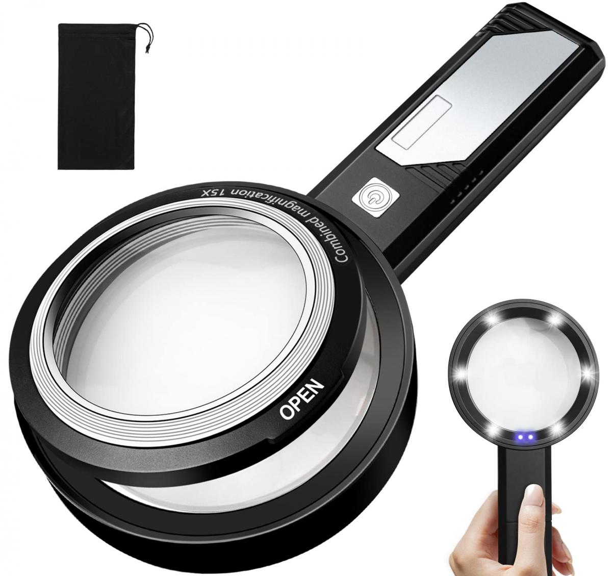 Lente d'ingrandimento con doppia lente rimovibile, lente d'ingrandimento  illuminata 6X, 9X, 15X, lente d'ingrandimento tascabile rimovibile con 6  LED