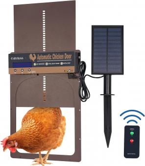 Puerta Automática para Gallinero, Alimentación Solar con Temporizador y Sensor de Luz, Control Manual y Remoto, 4 Modos, Impermeable y Antipinzamiento