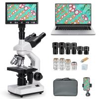 Microscopio compuesto con pantalla de 7 pulgadas, aumento de 40X a 5000X, 195 objetivos, platina mecánica, oculares WF10x y WF25x, condensador Abbe, para laboratorio, biología, educación, Kentfaith