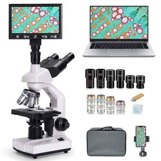 Microscopio Composto con Display da 7 pollici, Ingrandimento 40X-5000X, 195 Obiettivi, Tavolino Meccanico, Oculari WF10x e WF25x, Condensatore Abbe, per Laboratorio, Biologia, Educazione