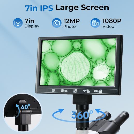 Microscopio Composto con Display da 7 pollici, Ingrandimento 40X-5000X, 195 Obiettivi, Tavolino Meccanico, Oculari WF10x e WF25x, Condensatore Abbe, per Laboratorio, Biologia, Educazione