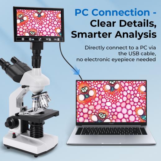 Microscopio Composto con Display da 7 pollici, Ingrandimento 40X-5000X, 195 Obiettivi, Tavolino Meccanico, Oculari WF10x e WF25x, Condensatore Abbe, per Laboratorio, Biologia, Educazione