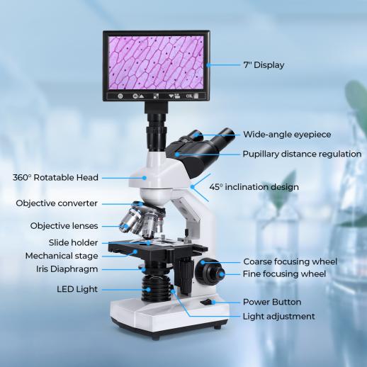 Microscopio Composto con Display da 7 pollici, Ingrandimento 40X-5000X, 195 Obiettivi, Tavolino Meccanico, Oculari WF10x e WF25x, Condensatore Abbe, per Laboratorio, Biologia, Educazione
