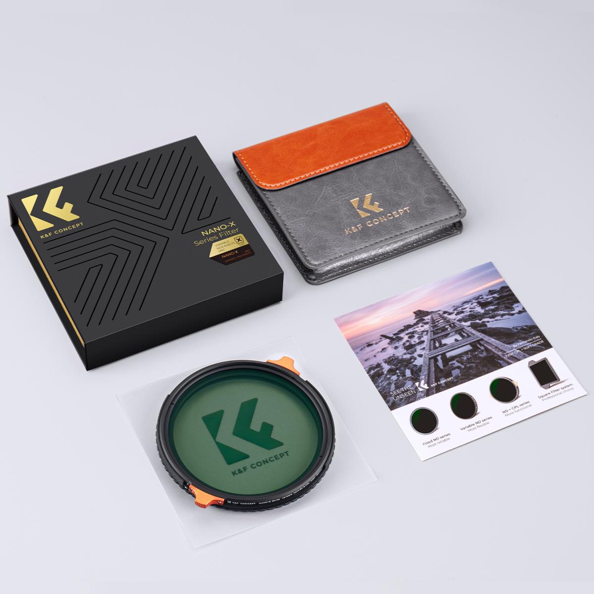 82 mm ND4-ND64 (2-6 stopp) variabelt ND-filter og CPL sirkulært polariserende filter 2 i 1 med 28 lag antirefleksjon grønn film, to oransje spaker, importert hvit klut Nano-X-serien