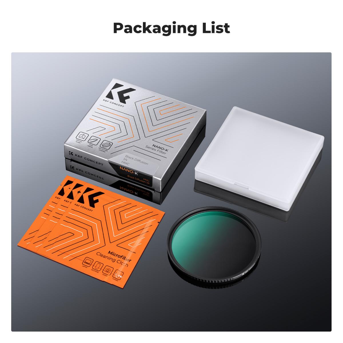 37 mm sort tågefilter 1/4 + 3 stk renseklud med 18 flerlagsbelægninger Nano K-serien