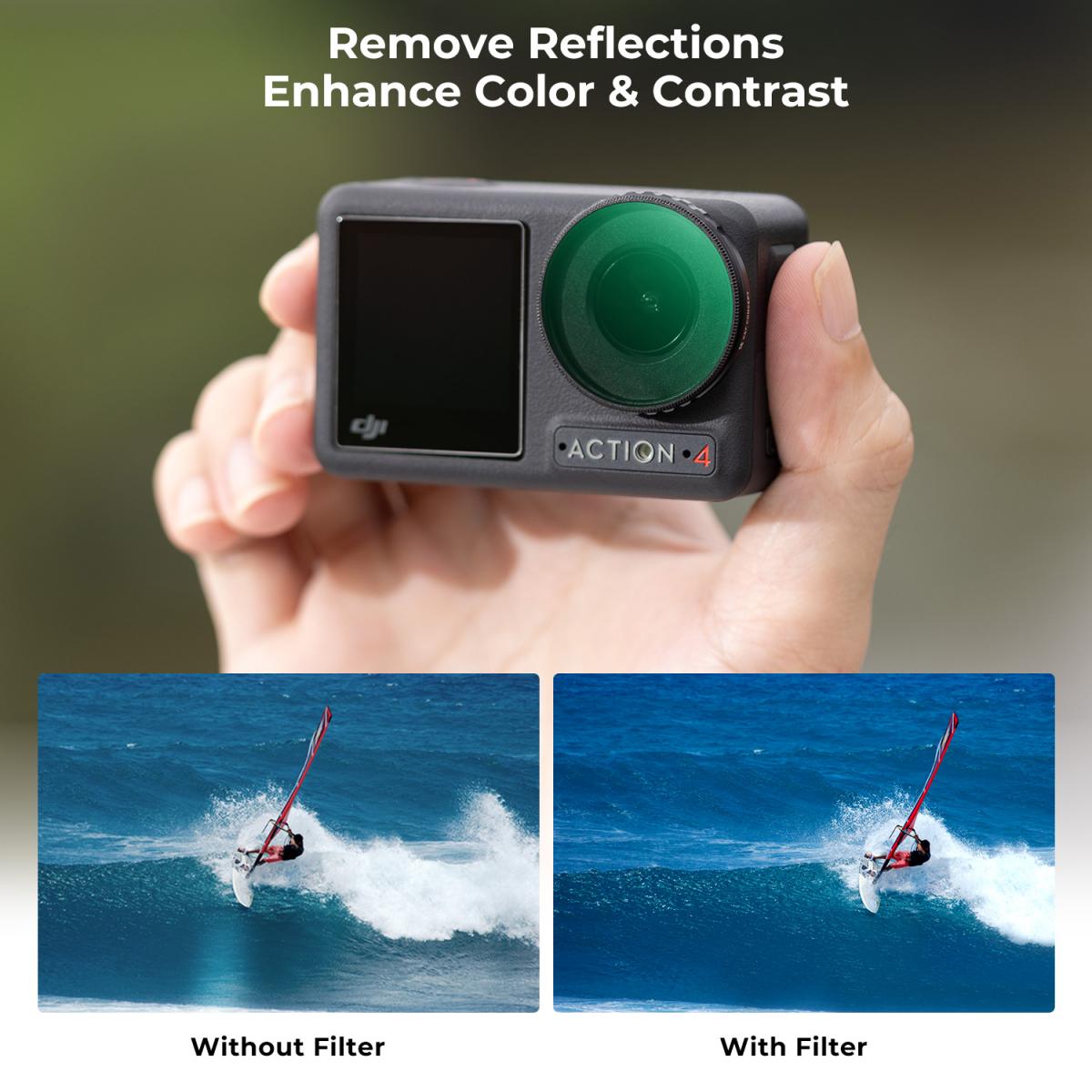 DJI Osmo Action 4 CPL-suodattimen pyöreät polarisaattorit, valoa vähentävät altistumista säätelevät optiset lasisuodattimet monikerroksisella pinnoitteella